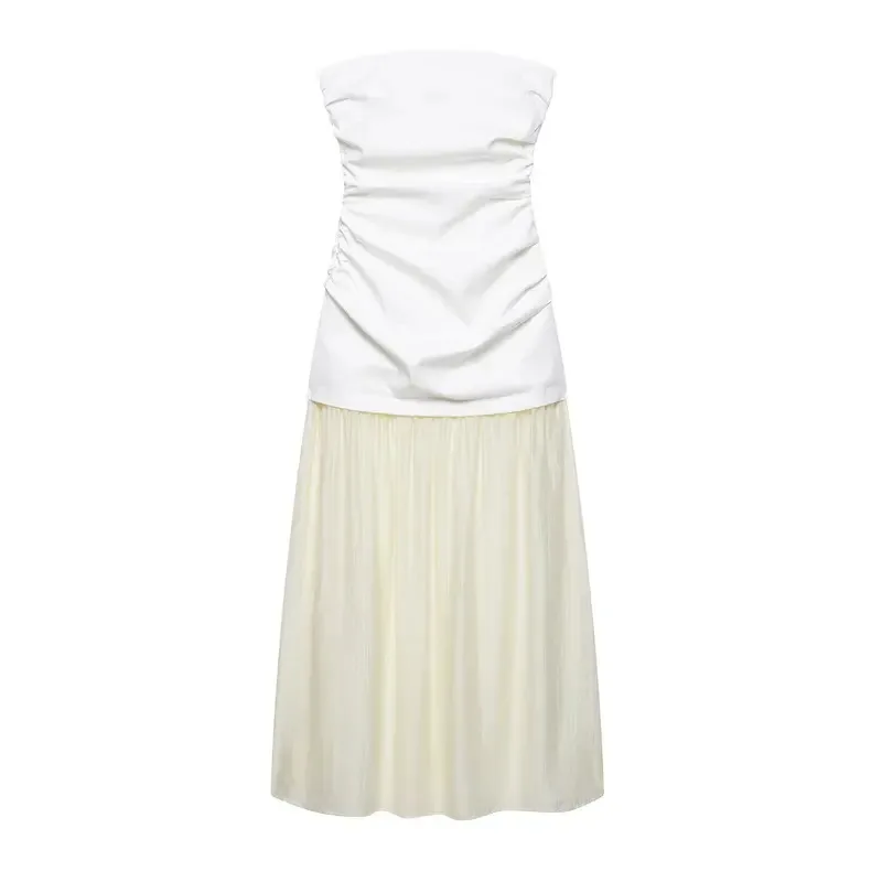

Women's Off-Shoulder Midi Dress Summer Fashionable Side Zipper Long Elegant Maxi Patchwork Pleated Dress for Resort