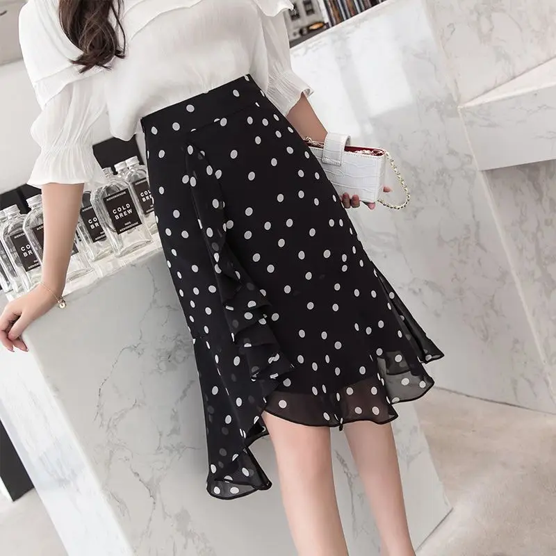 

Fashion Irregular Ruffles Mermaid Skirts Summer High Waist Korean Polka Dot Basic Female Clothing Commute Elegant Midi Skirts