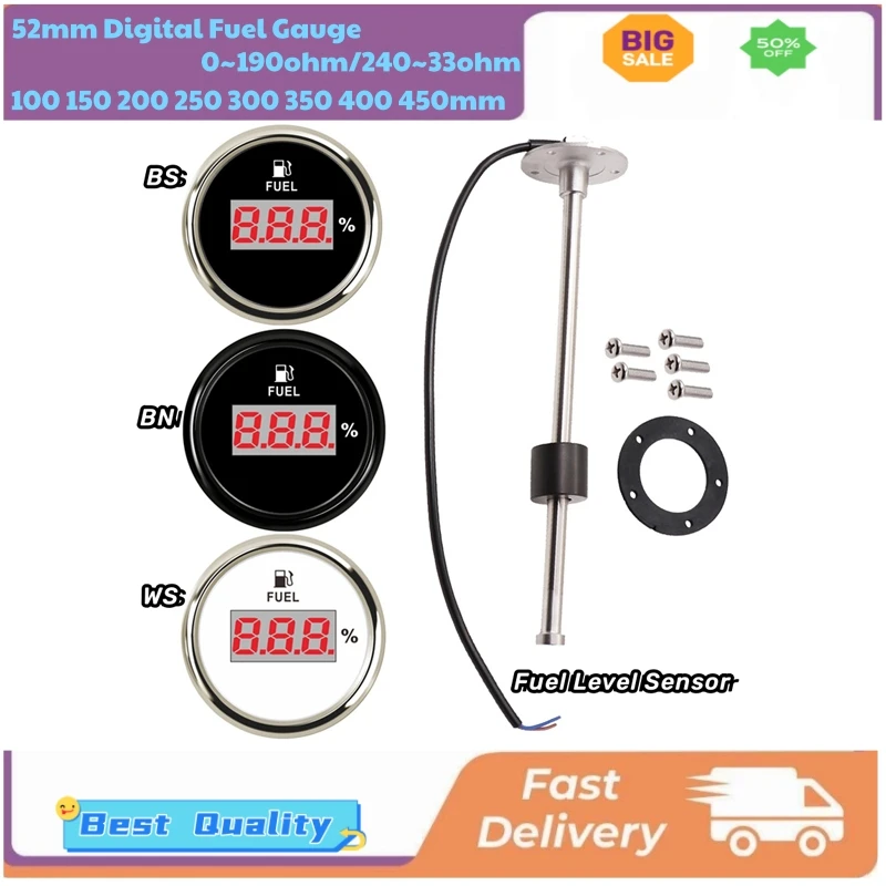 

Auto Boat 52mm Digital Fuel Level Gauges 100 150 200 250 300 350 450mm Liquid Level Sensors with 0-190ohm 240-33ohm Input Signal