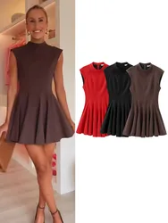 TRAF 2024 A-line Mini Dress For Women Fashion Female Sleeveless O-neck Slim Party Dress Sweet Chic Causal Dress 3 Colors