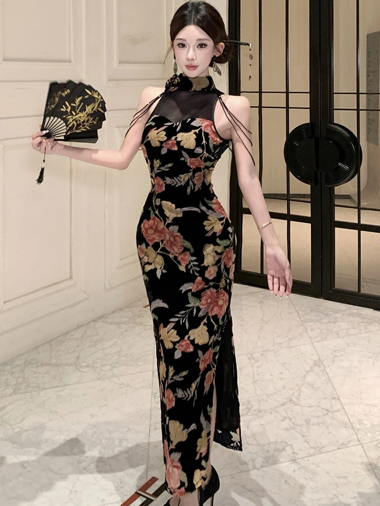 Abito da donna con scollo a rete patchwork in velluto floreale primavera autunno Abito da donna elegante di lusso Abito da sera aderente coreano 2025