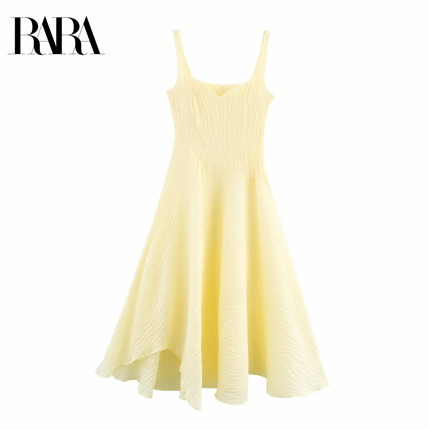 

RARA Womens Elegant and Sweet Irregular Mid Length Sleeveless Wide Shoulder Strap Dress with Textured Finish