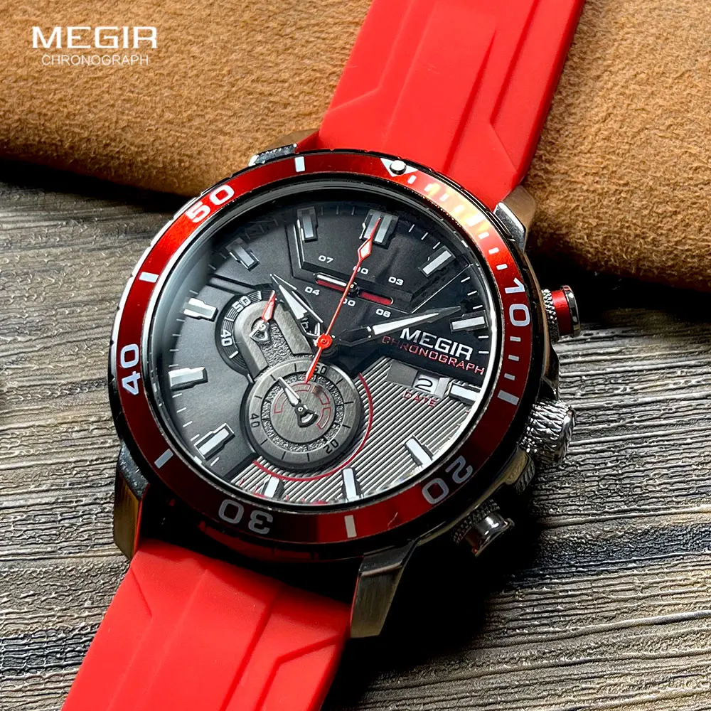 MEGIR Orange Sport Watch for Men Fashion Waterproof Silicone Strap Chronograph Quartz Wristwatch with Auto Date Luminous hands