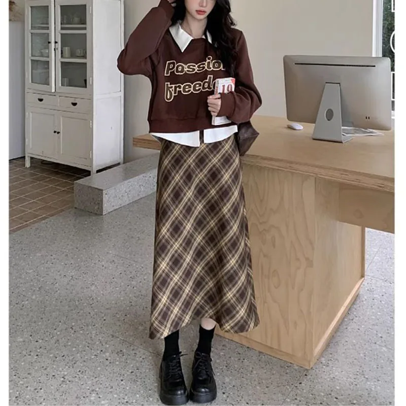 Autumn Winter Fake Two Pieces Sets Sweet Preppy Style Women Sweatshirt Print High Waist Long Plaid Skirts Vintage Fashion Suit