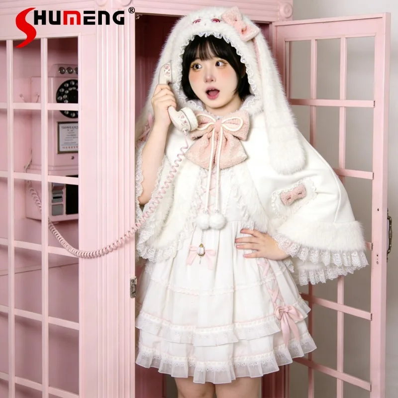 

Japanese Style Princess Lolita Velvet Cape Hoodes Bunny Ears Sweet Cloak Rojita Girl Suitable Cosplay And School Student Outfits
