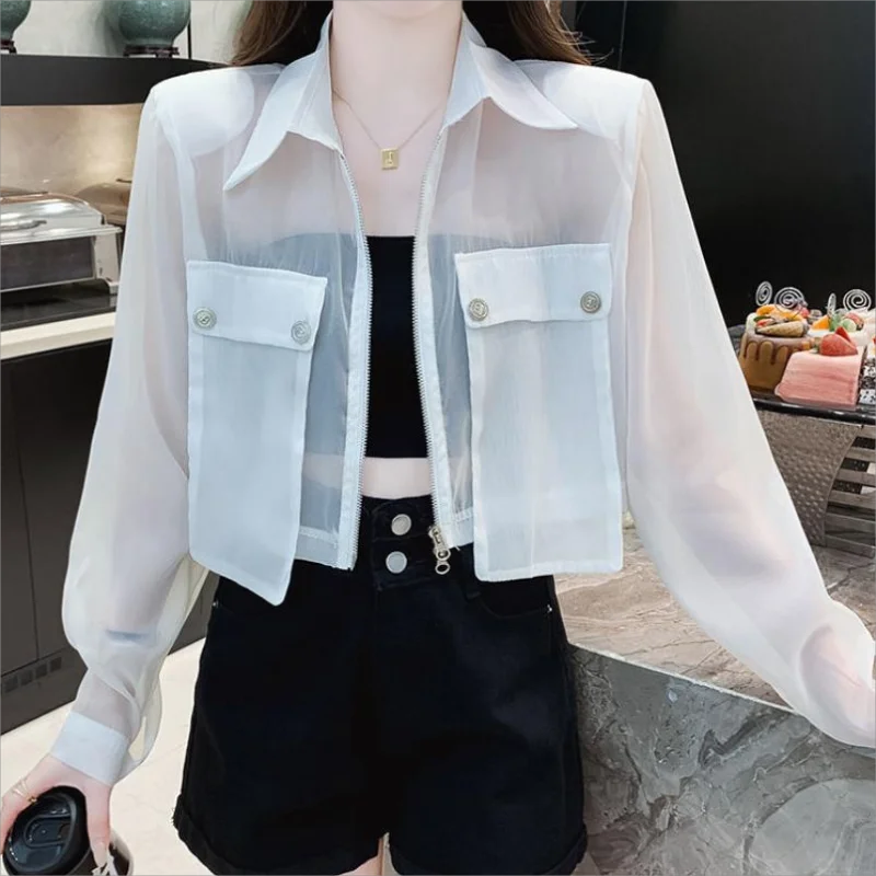 2024 Summer Streetwear Women Long Sleeve Turn Down Collar Solid color Jacket Transparent Sunscreen Short Coats