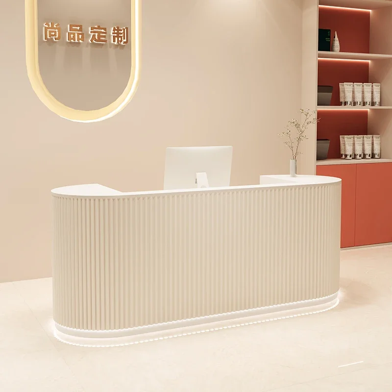 Customized Luxury Cream Reception Desk Wind Cashier Bar Front Desk Reception Salon Shop Small Schreibtisch Commercial Furniture