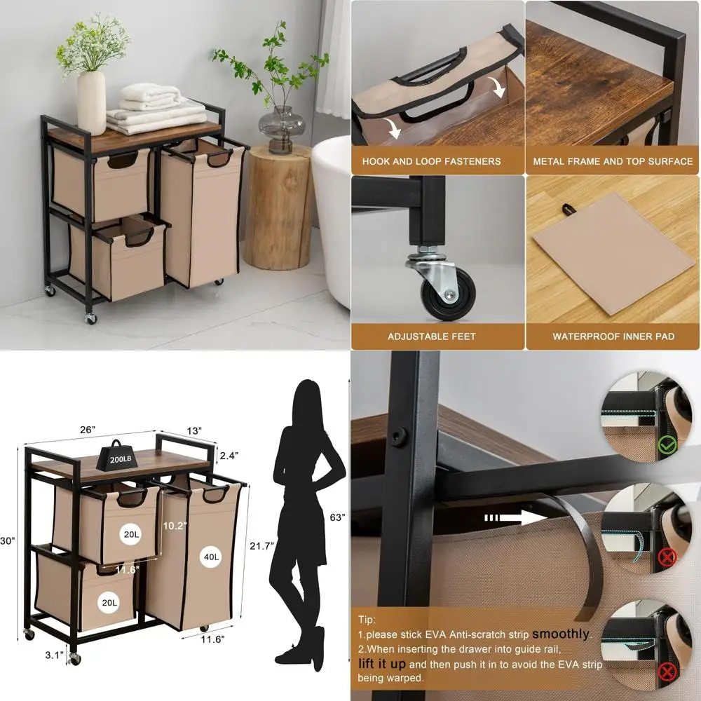 

3-Section Laundry Hamper Organizer with Slide-Out Bins, Top Shelf, Metal Frame