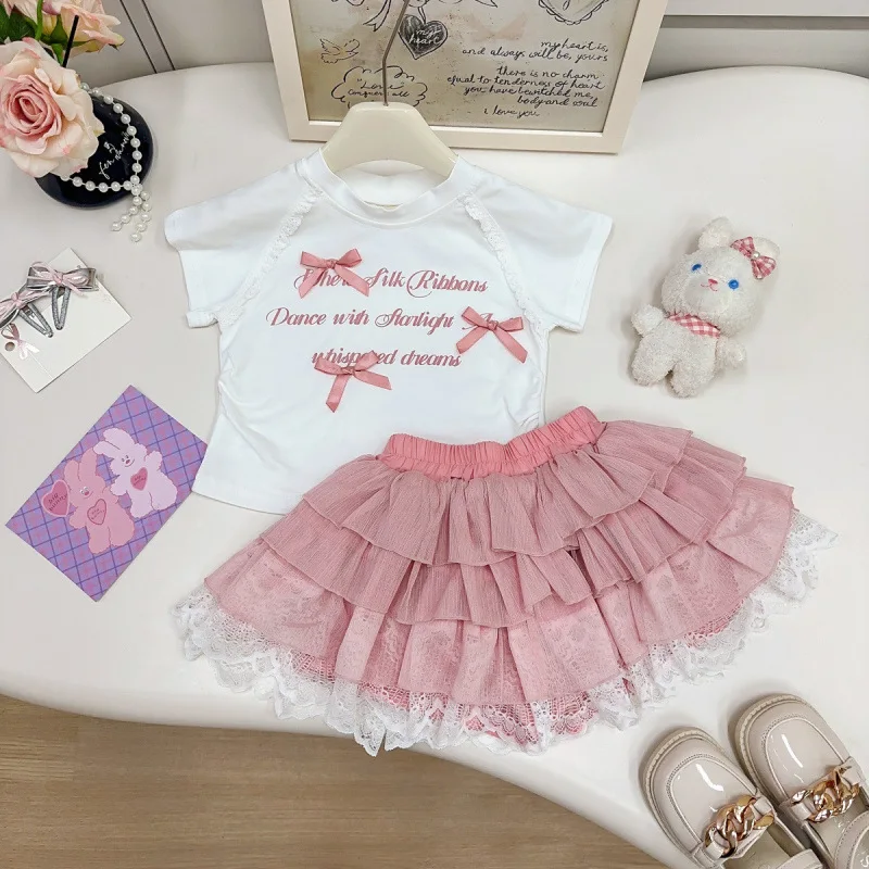 

2025New Summer Outfit for Girls Sweet and Stylish Bowknot Top+Two Cute Skirt Two-Piece Set