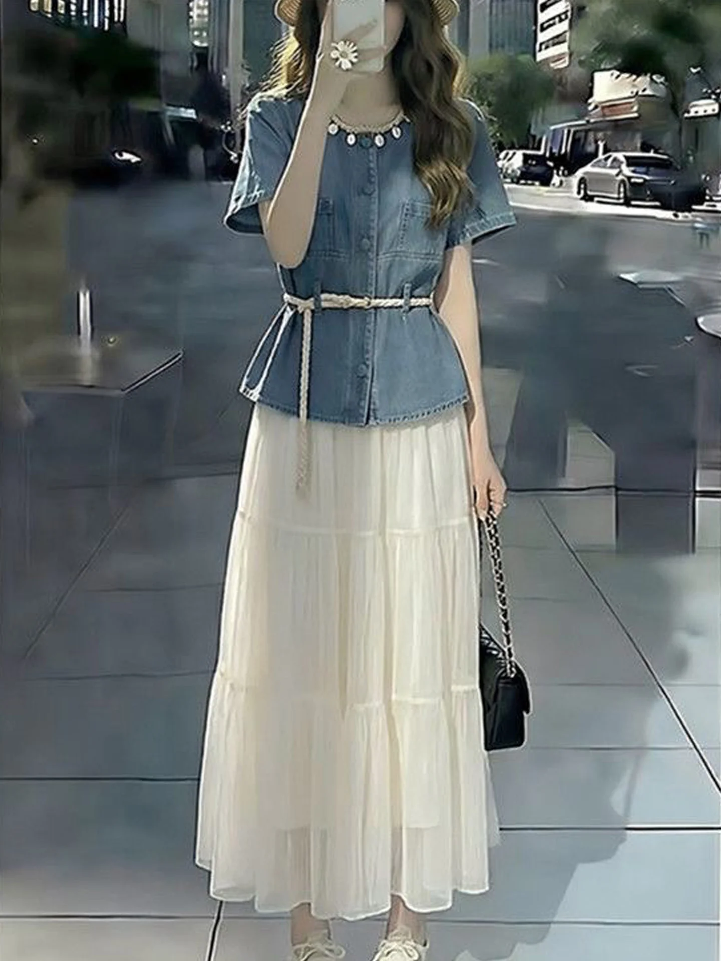 Glitter Tassel Denim Style Top And Skirt Set Women's Mid-Length Mesh Cake Skirt Elastic Waist Easy Care Autumn New Arrivals