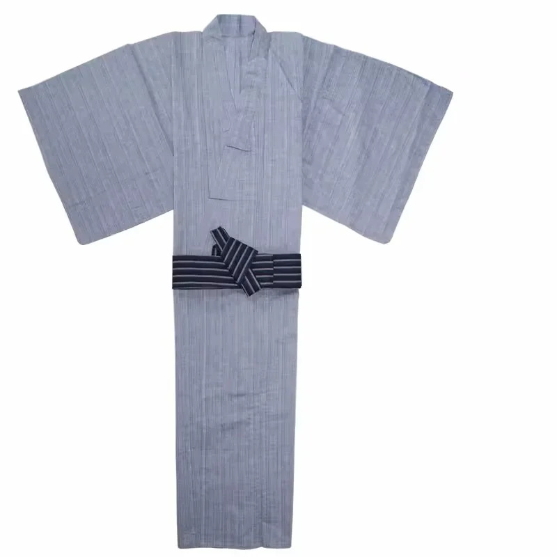 Japan Style Men's Summer Thin Kimono Traditional Yukata Set with Belt Cotton Bathrobe Cosplay Costume