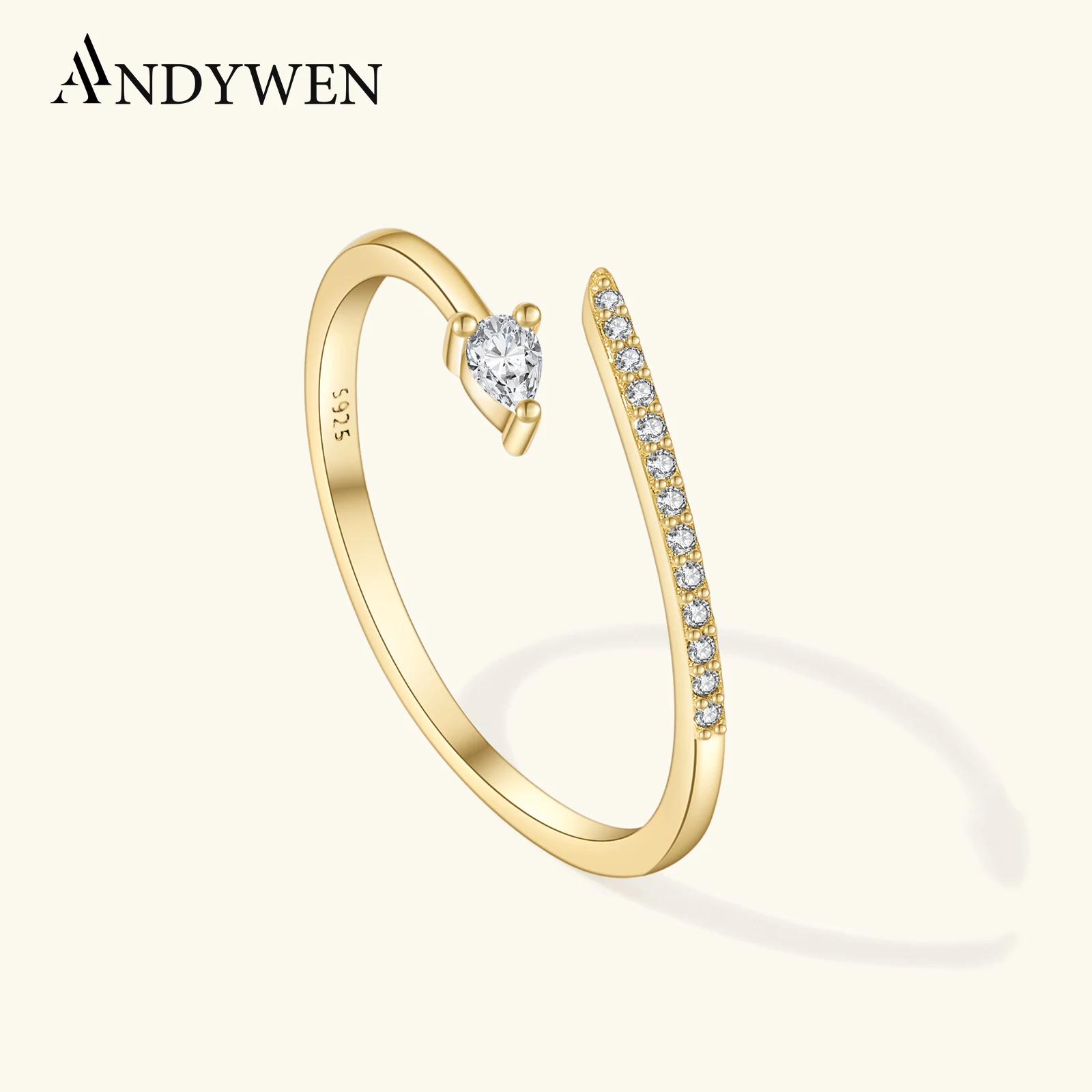 

ANDYWEN, стерлинговое серебро 925 пробы, форма капли воды, циркон, CZ, регулируемое открытое кольцо, простой роскошный подарок для вечеринки, ювелирные украшения для женщин