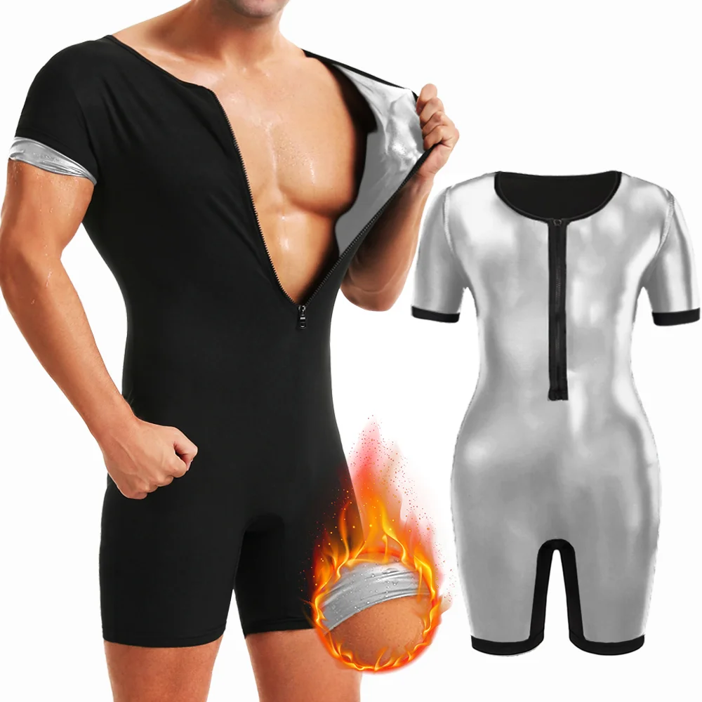 Men's 3-In-1 Sauna Sweat Bodysuits Heat Trapping Weight Loss Body Shaper Workout Short Sleeves Shorts Exercise Fitness Jumpsuits