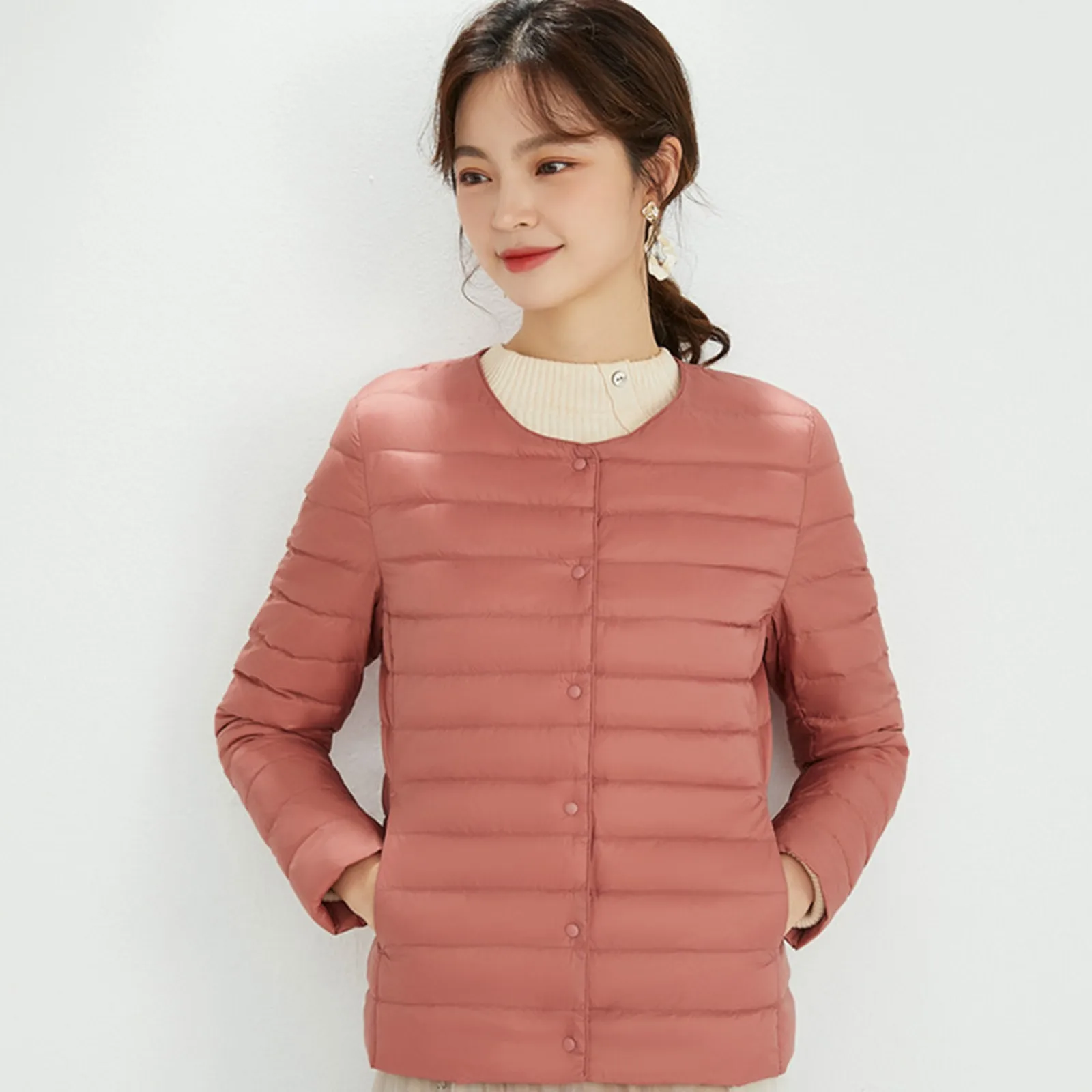 Jaket hangat tanpa kerah wanita, Ultralight, tanpa kerah portabel, parka empuk, leher O, mantel Puffer, jaket hangat Down musim semi musim dingin, baru, 2024