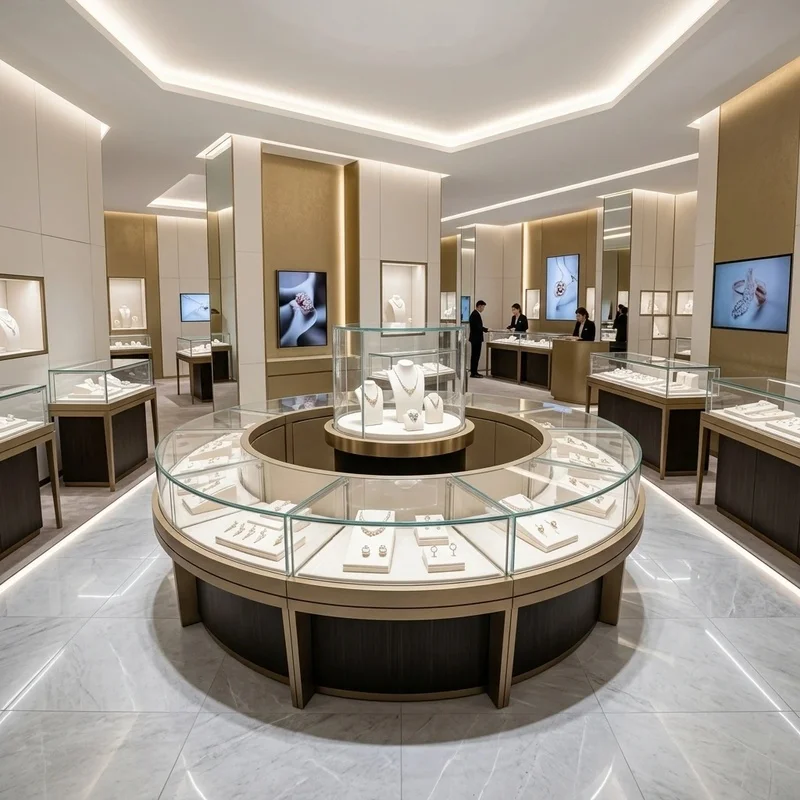 custom.Luxury Black & Gold Round Jewelry Display Kiosk, Complete 360° Glass Showcase with Central Rotating Pedestal