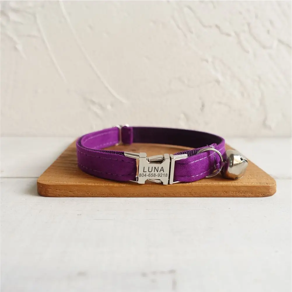 

Personalized Cat Collar Customized Nameplate ID Metal Buckle Adjustable Purple Velvet Cat Collars with Bell