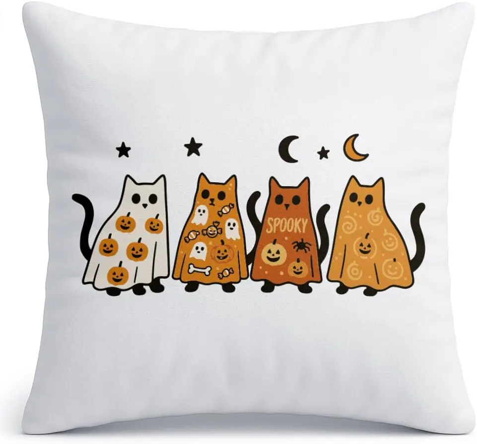 Cute Halloween Cat Throw Pillow Cover Gift for Women Cat Lover, Spooky Halloween Cats Pumpkin Moon Indoor Decorative Pillow Case