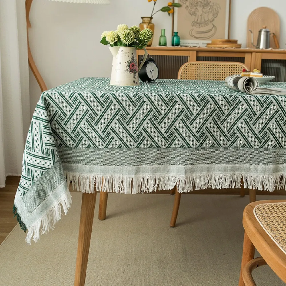 

Multifunctional Tassel Edge Interweaving Grid Tablecloth Rectangular Washable Table Cover French Rustic Coffee Table Mat Picnic