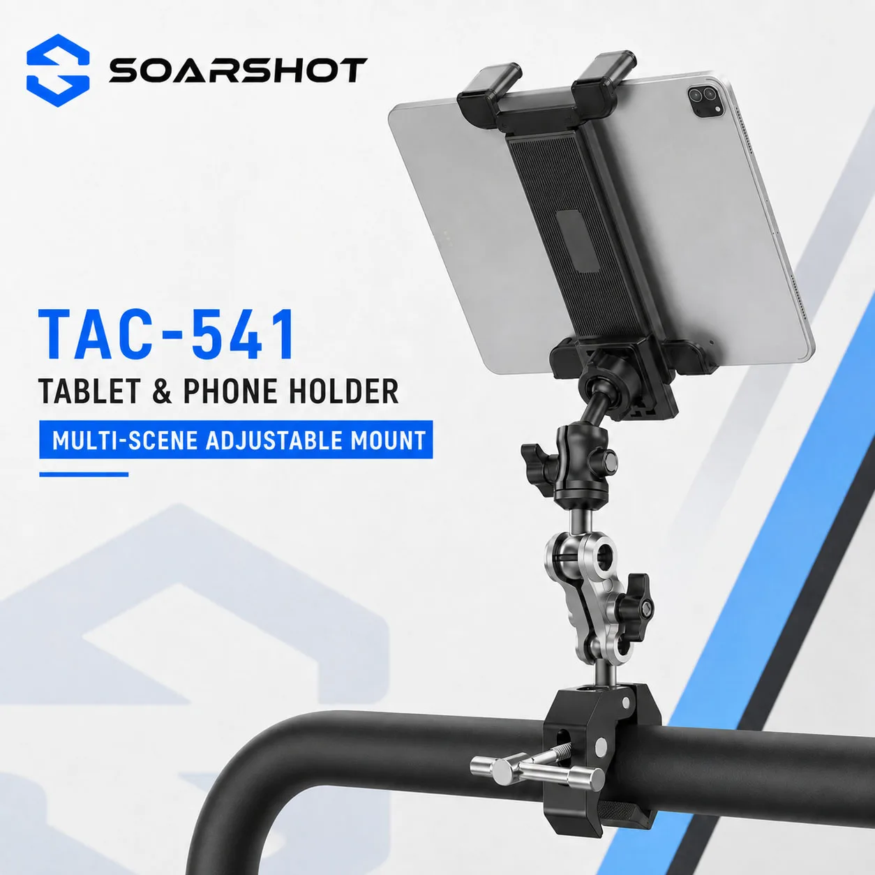 SOARSHOT TAC-541 Tablet Phone Holder Mount for Treadmill Bike Stroller Wheelchair Golf Cart Mic Stand Adjustable Clamp Arm