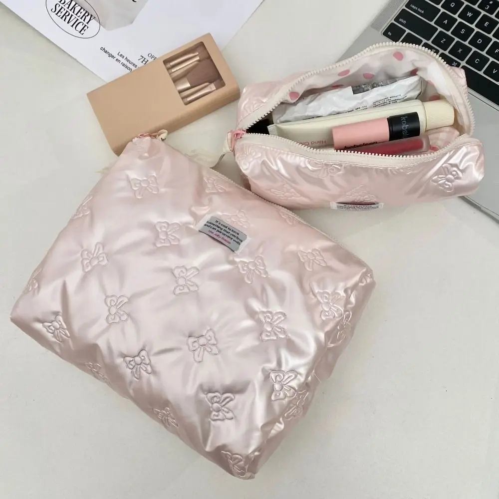 Cute PU Material Cosmetic Bag Storage Compartment Bow Decoration Makeup Case Multi-function Toiletry Bag Daily Organization