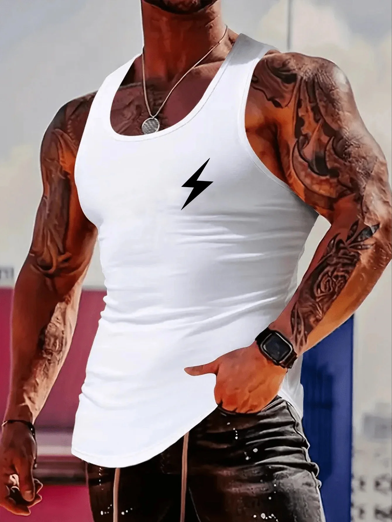 

Модный трендовый жилет для мужчин с простым принтом в виде молнии на груди, для занятий спортом, фитнесом и бега.