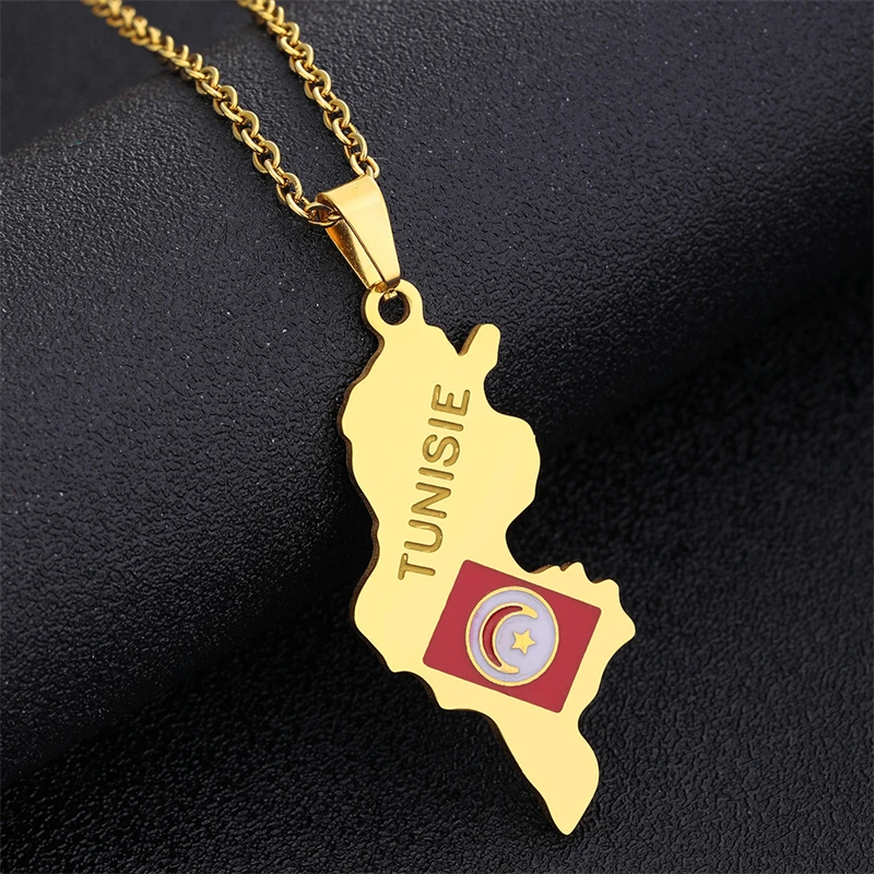 Tunisie Map Pendant Necklace Chains Gold Color/Silver Color Stainless Steel Chain Necklace Tunisienne Jewelry Tunisia Women Girl