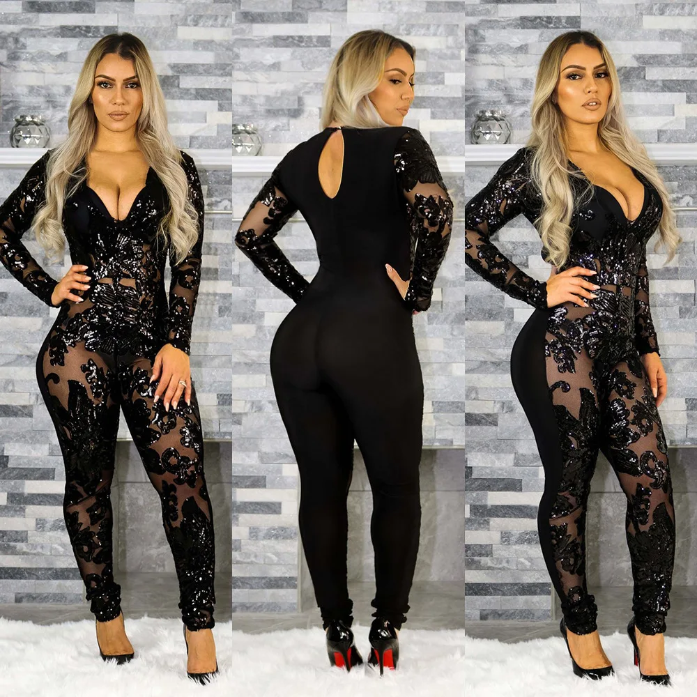 

Hot Sexy Womens Jumpsuit Fashion Dark V-neck Lace Mesh Backless Sequin Long Sleeve Bodysuit Black Jumpsuit Party Club