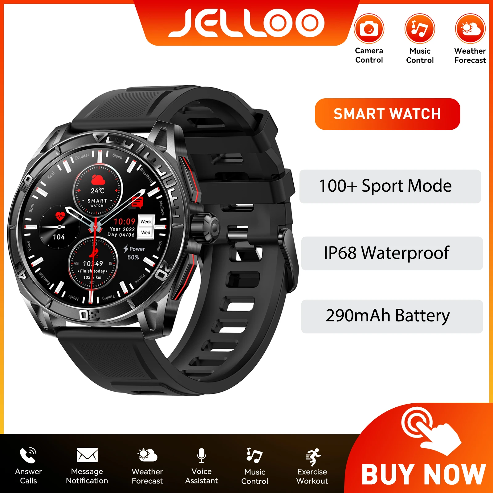 

JELLOO 2025 New Smart Watch for Men AMOLED Always On Outdoor Tactical Smart Watch 1.43" Big Screen IP68 Waterproof Fitness Watch