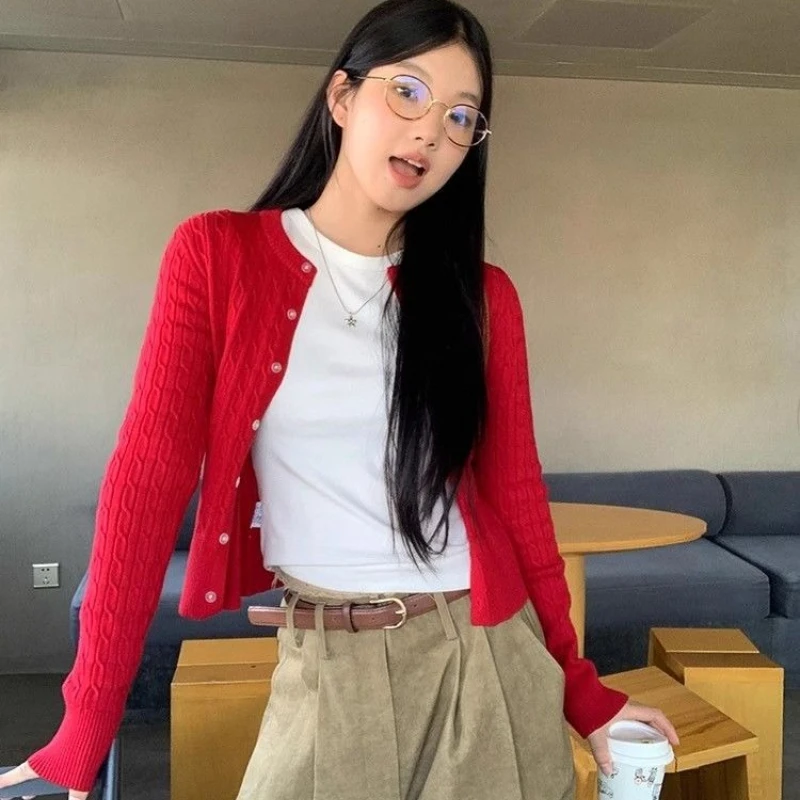 Deeptown Twist Vrouwen Crop Kintted Vest Basic Effen Kleur Lange Mouw Koreaanse Mode Truien Slanke Elegante Bovenkleding Herfst