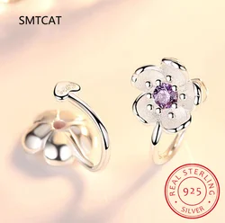 925 Sterling Silver Pink CZ Cherry Blossom Flower Ear Cuff Clip on Earrings For Women Girl Without Piercing Earings Jewelry
