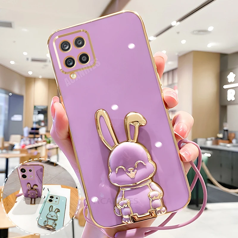 A 12 22 Plating Rabbit Holder Lanyard Case For Samsung Galaxy A12 A22 4g 5g M32 M33 M53 M12 M14 M54 M15 M35 Silicone Stand Cover