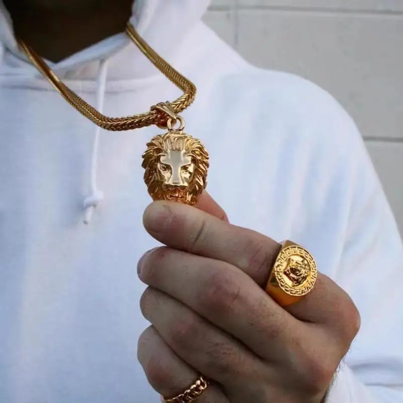 Fashion Gold Color Domineering Animal Lion Cubic Zirconia Pendant Necklace Men\\\\\'s Personalized Hip-Hop Trend Jewelry Gift