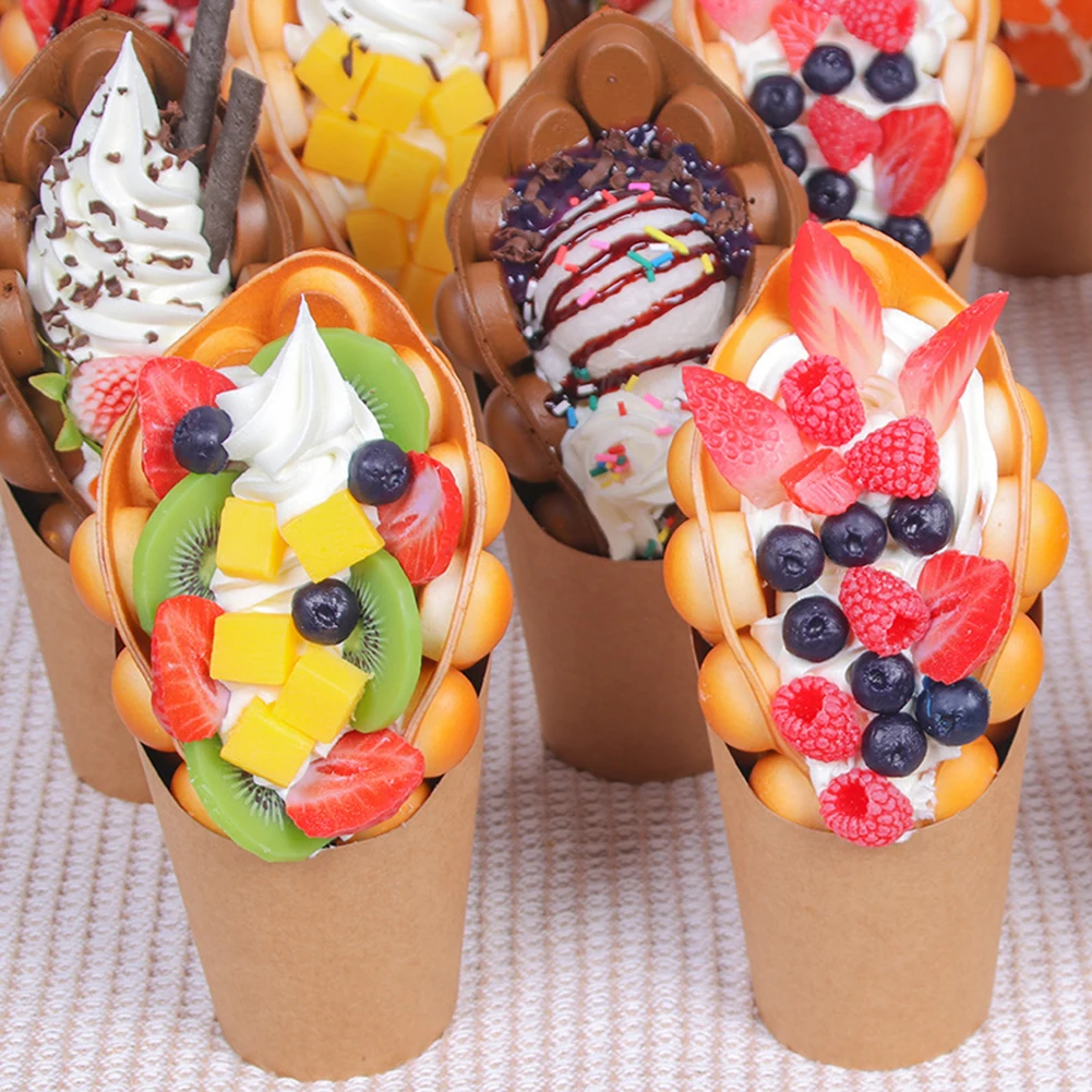 Simulation Egg Waffles Ice Cream Model Sample Dessert Fake PU Bubble Waffle Food Fruit Chocolate Fruit Ice Cream Decoration