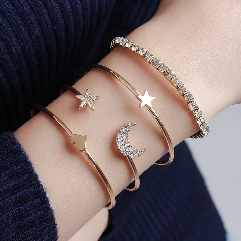 300pcs/lot Fashion simple set of bracelets crystal stars and moon four sets of open bracelet bracelet with jewelry