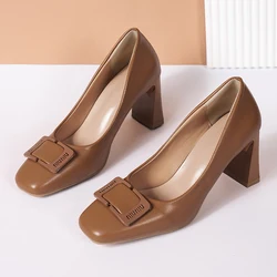 Spring new square head thick heels women's shallow mouth buckle single shoes professional shoes high heels