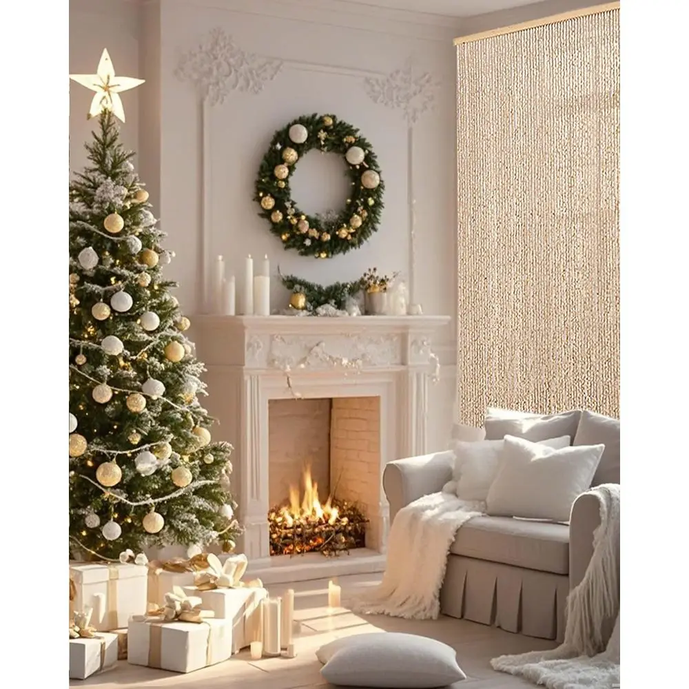 Natürlicher Boho-Perlenvorhang, 35,5 x 79, handgefertigte Bambus- und Holzperlen, Raumteiler und Insektenschutz, Beige