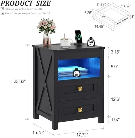 Gun Night Stand with LED Lights & Charging Station, Black | Human Sensor Lights, USB/Type-C/Wireless Charging Station