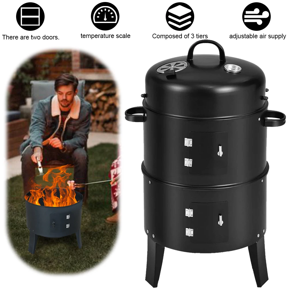 Vertical Charcoal Smoker with Built-in Thermometer BBQ Smoker Grill 2 Access Doors Round BBQ Grill for Outdoor Cooking Camping