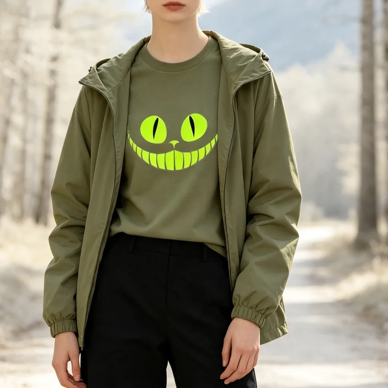 Cheshire Cat Smile T-Shirt Neon Green Cat Face Graphic Navy Olive Casual Cotton Streetwear Tee Men Women Unisex Outdoor Top