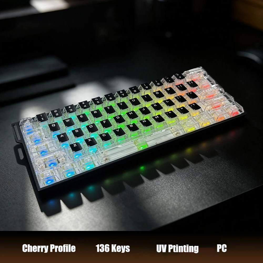 Russian Full Transparent PC Keycap Set Classic White Black Cherry Profile UV Printing Keycaps 136 Keys for Mechanical Keyboard