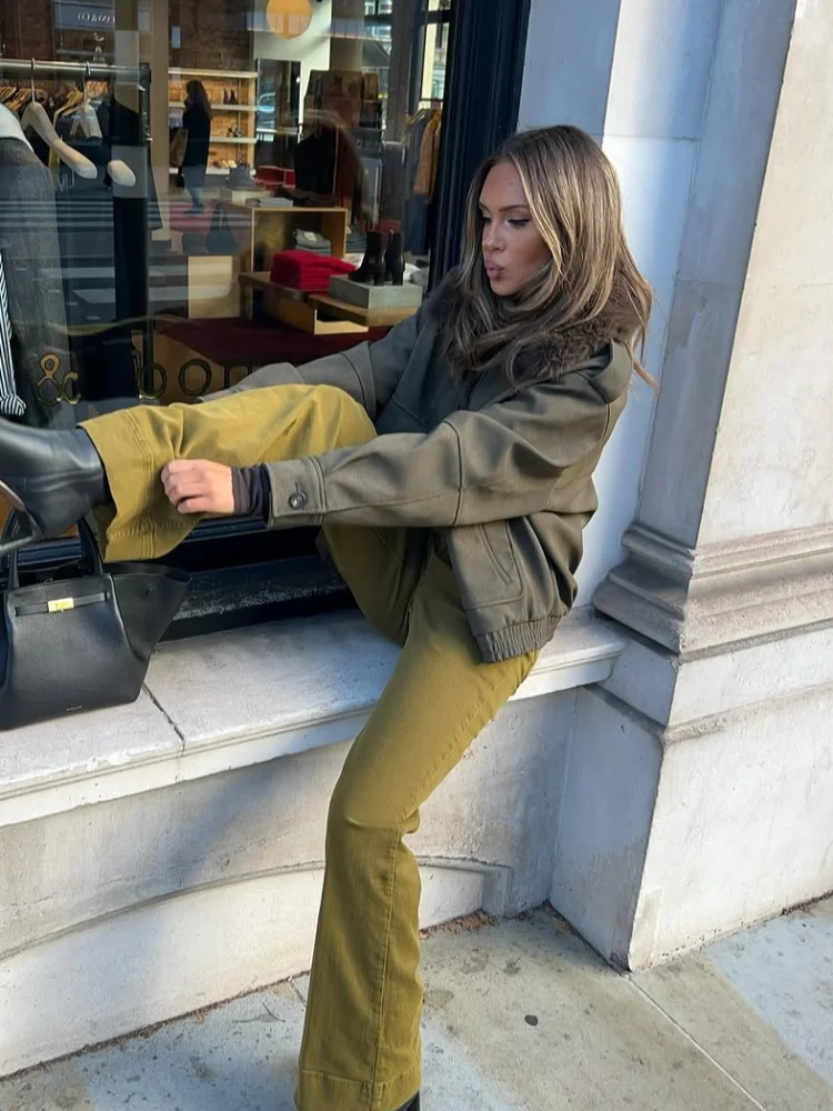 

Women Chic Fur Collar Patchwork Short Jacket Casual Lapel Full Sleeve Zipper Pocket Jackets Lady Daily Commute Street Outerwear