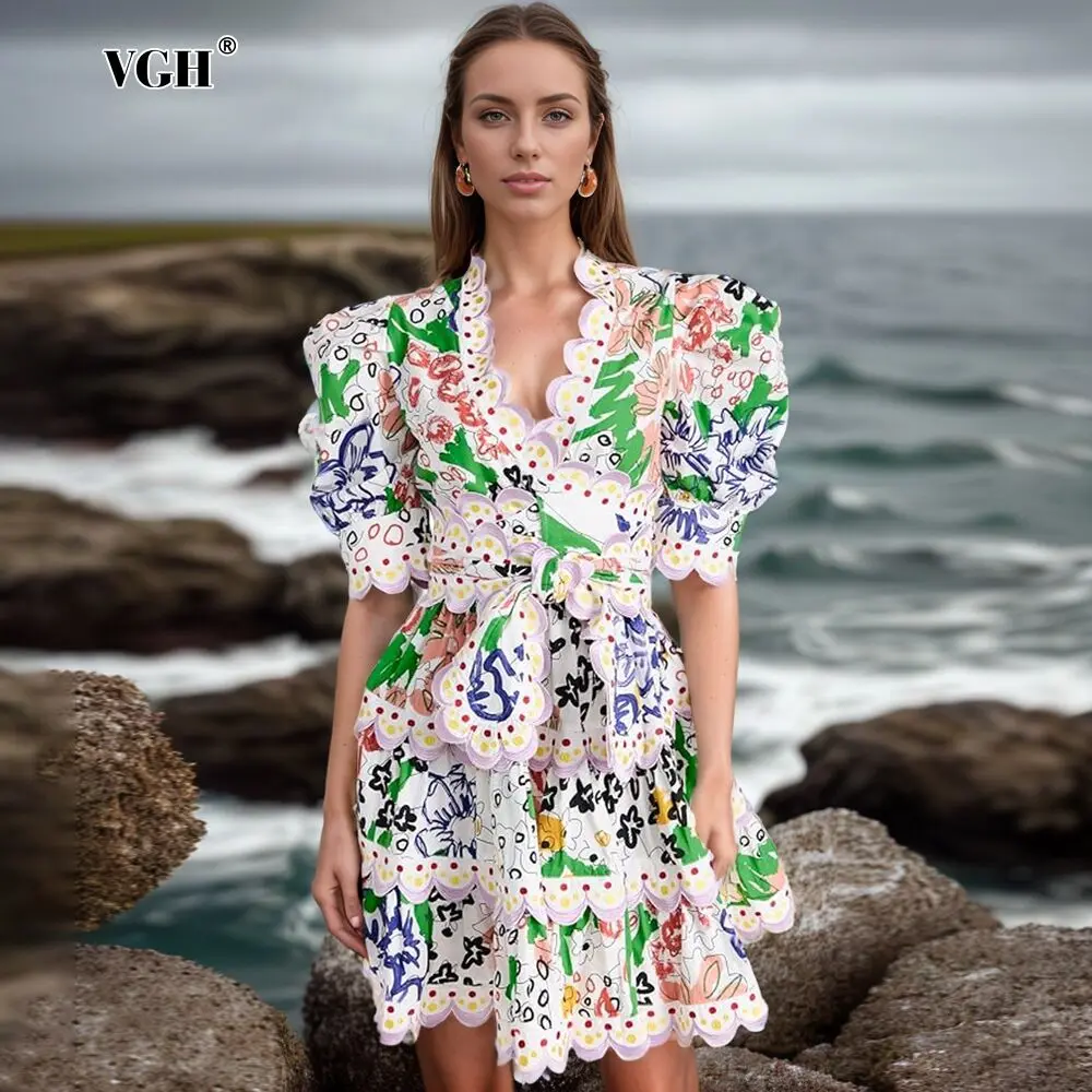 VGH Printing Patchwork Lace Up Mini Dress For Women V Neck Puff Sleeve High Waist Hit Color Casual A Line Dresses Female Fashion