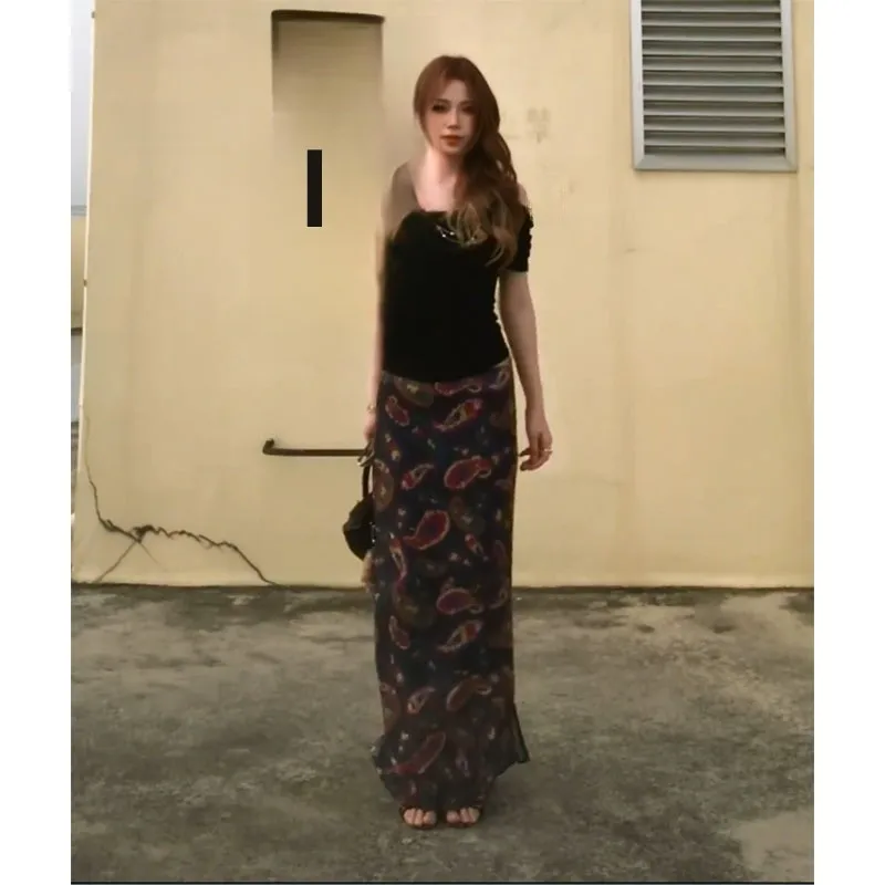 

Summer 2025 New Low Waist Casual Women's Print Skirt Lightweight Maturi Sle f-length Fi-tail Long Skirt