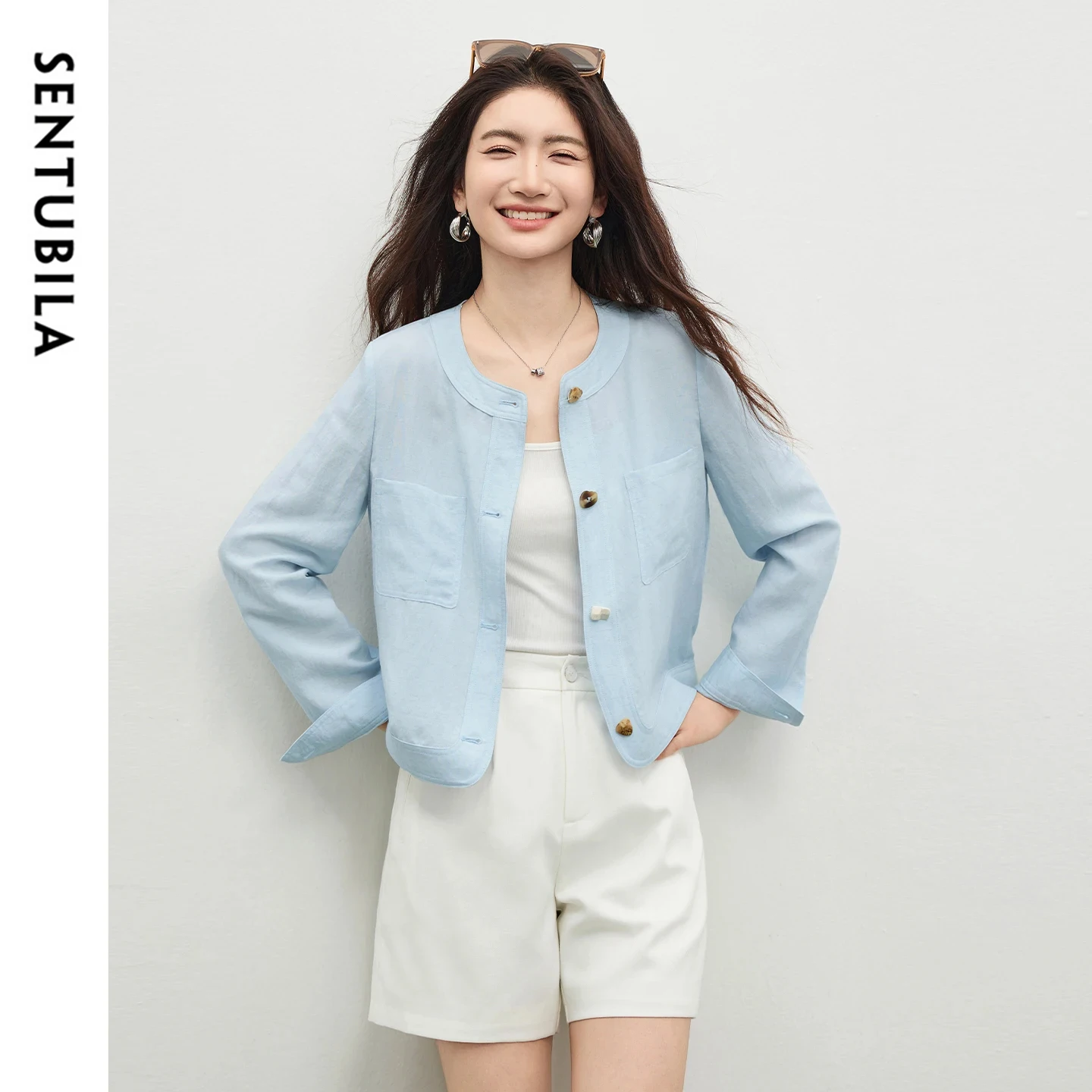 

SENTUBILA Casual Jackets for Women 2026 Spring New Office Round Neck Asymmetrical Buttons Color Contrast Straight Top 161WB6282
