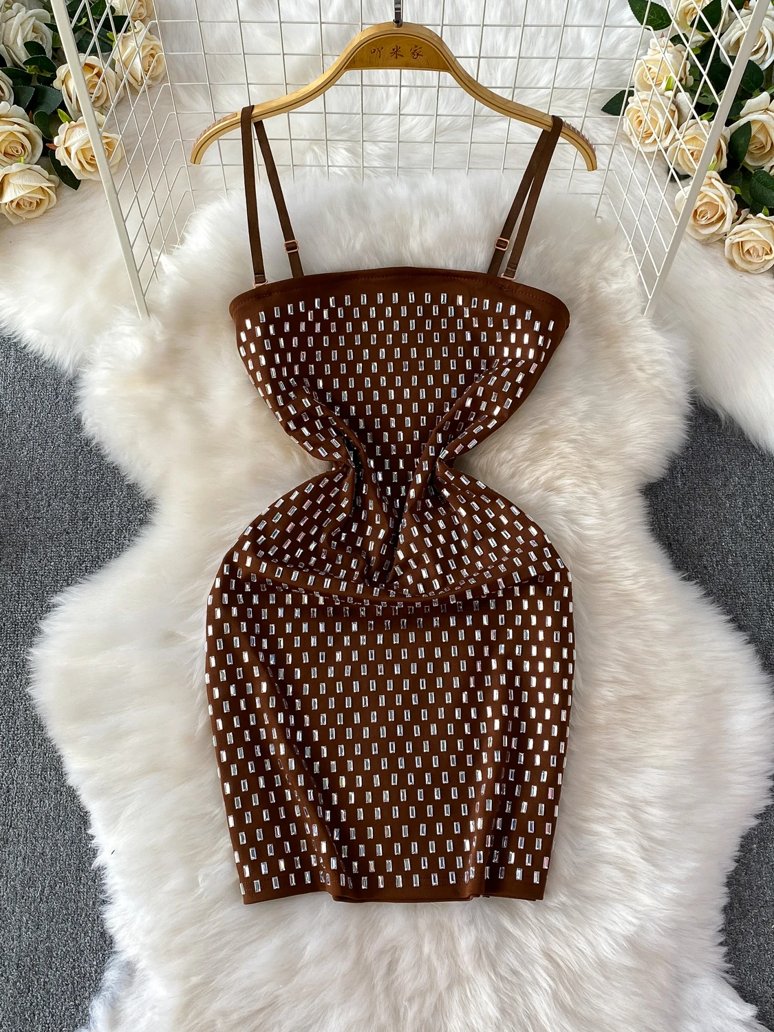 Ins – Mini robe de luxe à bretelles en cristal pour femmes, tenue de soirée, moulante, Sexy, été