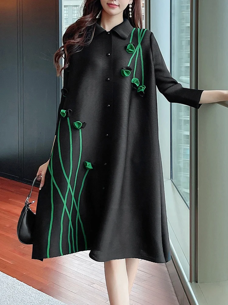 LANMREM Elegant 3D Floral Spliced Pleated Dress Women Lapel Long Sleeves Single Breasted A-line Dresses Party New 2AA2240