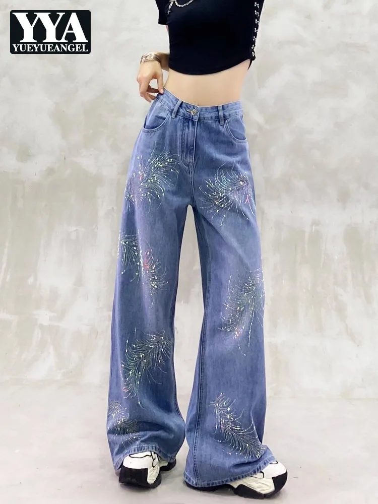 

Женские джинсовые брюки с высокой талией, модные разноцветные бриллианты, свободные широкие джинсы, весенне-осенние повседневные женские прямые брюки