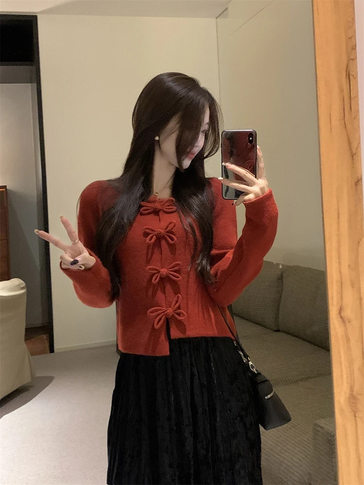 Ezgaga Knitted Cardigan Women Vintage Irregular O Neck Winter Spring New 2024 Fashion Cropped Sweater Female Elegant Tops