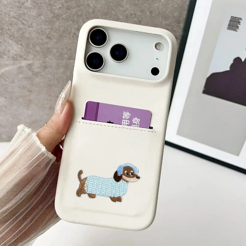 Casing Kulit PU Motif Anjing Lucu untuk iPhone 17 Pro Max Air 16 15 14 13 12 Plus, Slot Kartu, Klip, Anti Benturan, Hard Cover