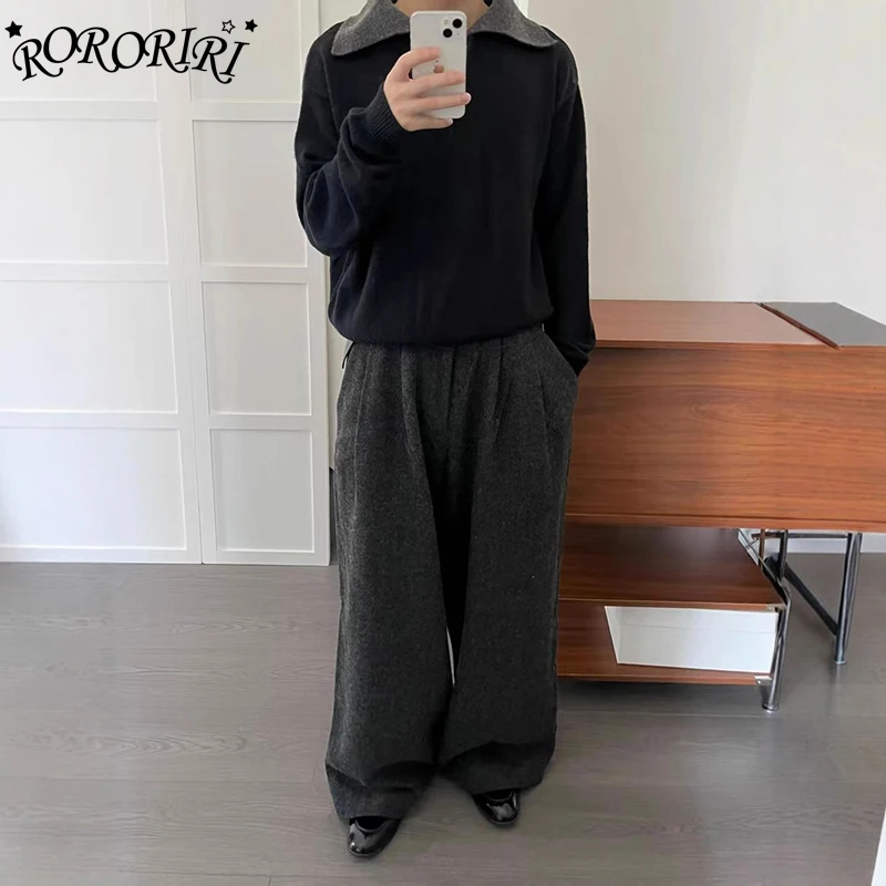 

RORORIRI Thick Winter Women Pants Dark Gray Wool Straight Casual Pants Chic Loose Fit Floor Length Simple Trousers Mens Slacks